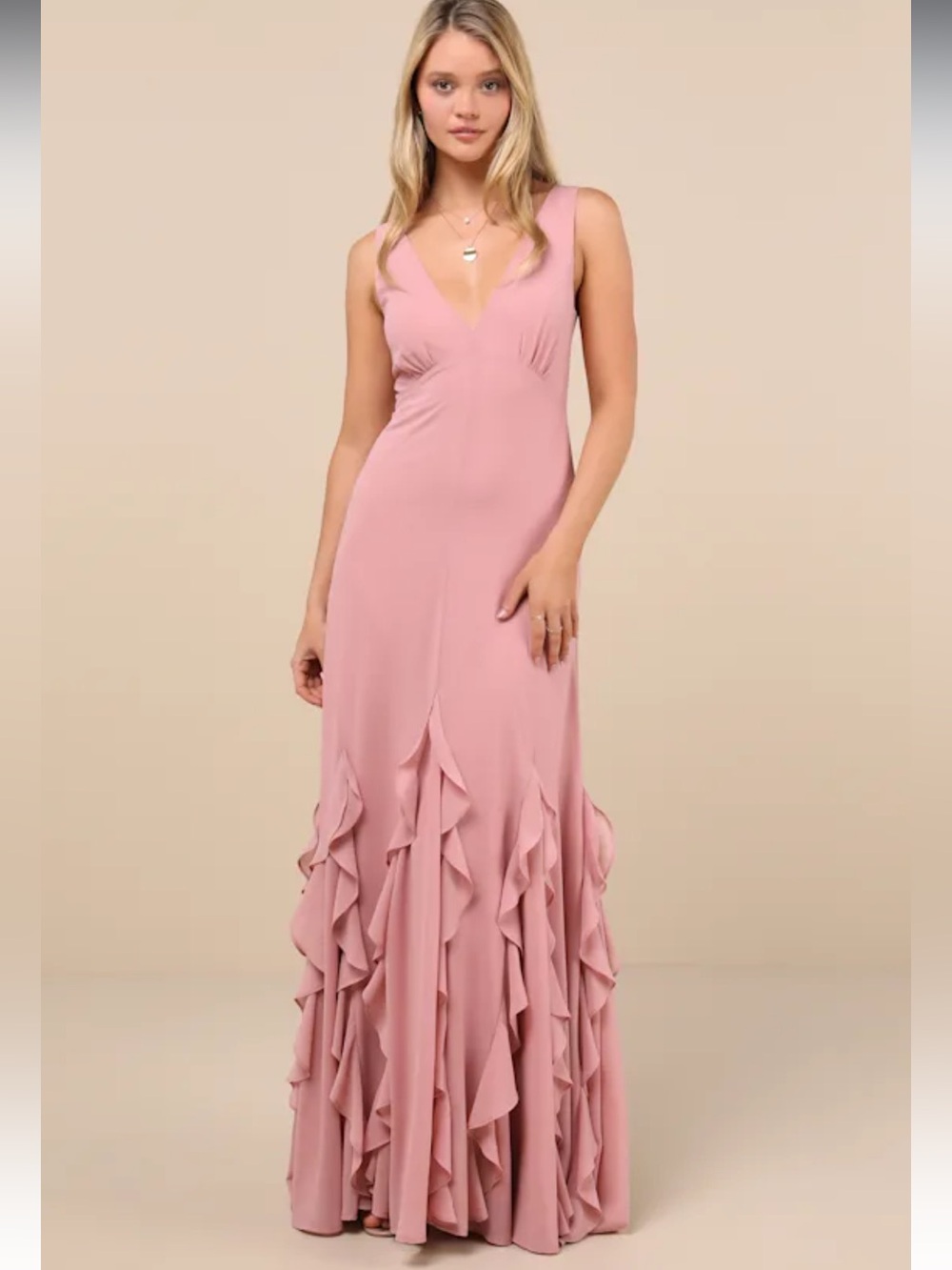 Lulu's Dusty Rose Sleeveless V-Neck Ruffle-Tier Maxi Dress